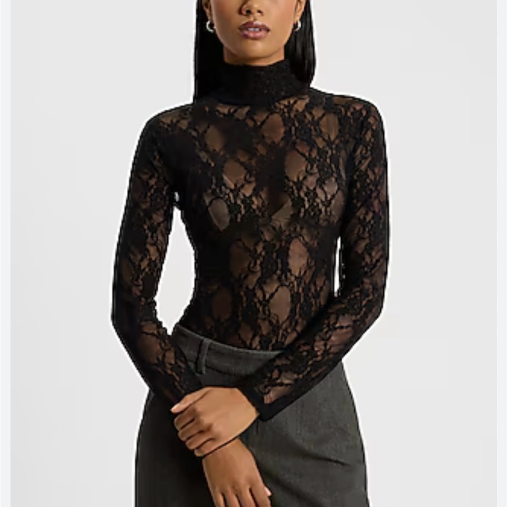NWT- Express Sheer Lace Mock Neck Long Sleeve Bodysuit